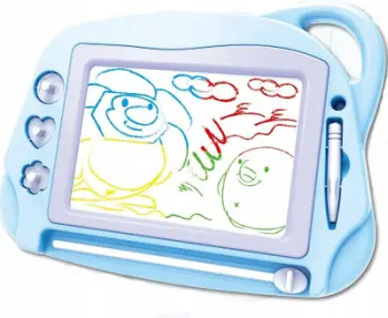 Tabllo magnetike vizatimi për fëmijë, 4 zona me ngjyra, stilolaps dhe vula, blu