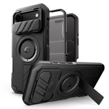 Mbrojtëse telefoni Tech-Protect Kevlar MagSafe, për iPhone 17 Air, me këmbëz qëndrimi, e zezë