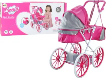 Karrocë për kukulla Doll Stroller, metal, rrota të mëdha, rozë