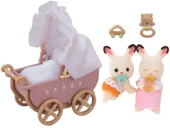 Set lodrash Sylvanian Families Chocolate Rabbit Twins, figurina binjakë, me karrocë bebeje, shumëngjyrësh