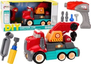 Lodër kamion vinç LEAN Toys 18649, për zhvidhosje DIY, plastike, i kuq