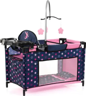 Krevat shumëfunksional për kukulla Bayer Design Multi Bed, deri 46 cm, me karige të lartë dhe mobile, blu e rozë me yje