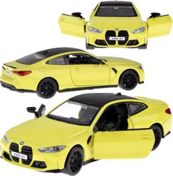 Lodër makinë metalike BMW M4, shkallë 1:32, drita dhe tinguj, e verdhë