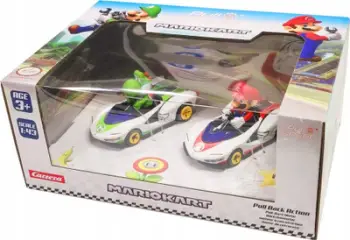 Set lodrash Carrera Mario Kart P Wing Twin Pack, makina me tërheqje, Mario dhe Yoshi, shumëngjyrëshe