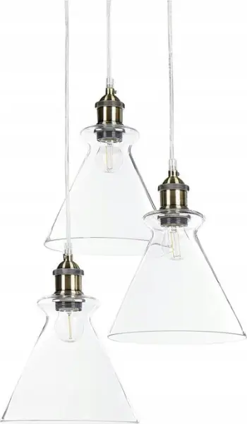 Llambadar varëse industrial, 3 drita, xham transparent, metal brass