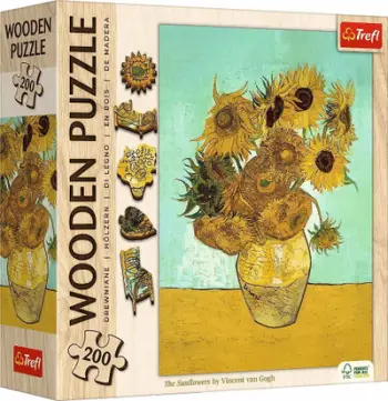 Puzzle druri Trefl Wood Craft, 200 copa, Sunflowers Vincent Van Gogh, shumëngjyrësh