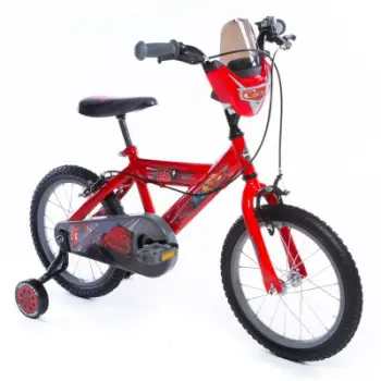 Biçikletë fëmijësh Huffy Cars 16", rrota ndihmëse, e zezë e kuqe