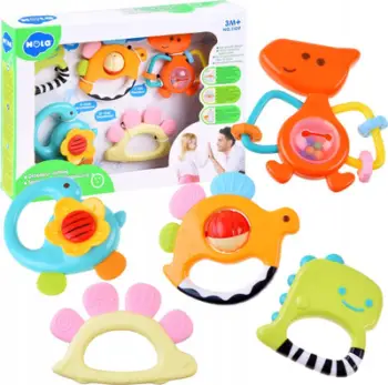 Set lodrash për foshnja Dinosaurs ZA3093, 5 copë, me zile dhe dhëmbore, shumëngjyrëshe