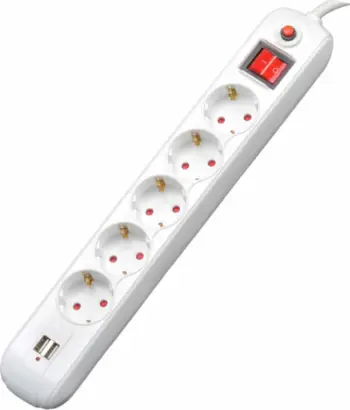Zgjatës elektrik PP-5-45, 5 priza Schuko, USB, 4.5m, i bardhë