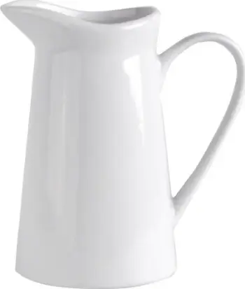 Kravë qumështi porcelani, me dorezë, me grykë praktike, e bardhë