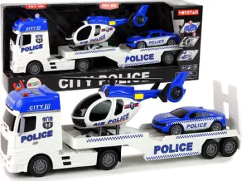 Lodër set policie Toyear City Police, kamion me rimorkio helikopter dhe veturë, drita dhe zë, bardh e blu