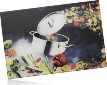 Dërrasë prerëse Orion Kitchen, xham, drejtkëndore 40x30 cm, me motiv tenxhere dhe perime, shumëngjyrëshe
