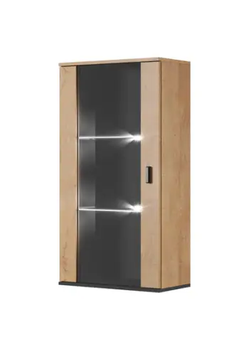 Kabinet muri Soho Hanging Display Cabinet Db Lefkas, xham i temperuar, dekor dru Lefkas, i zi