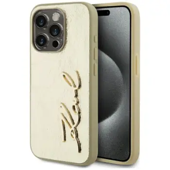Kllëf telefoni Karl Lagerfeld Wrinkled PU Signature, për iPhone 15 Pro, gold