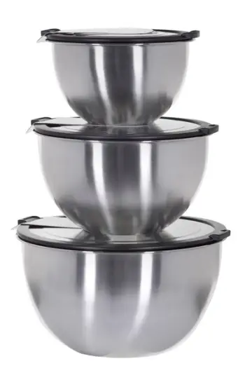 Set tasa kuzhine Gefu Mondi, 3 copë, çelik inox, me kapakë plastikë transparentë