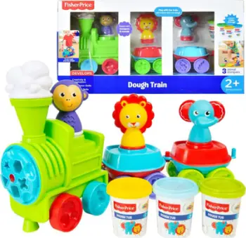 Set lodrash Fisher Price Train Dough, lokomotivë me vagona, brum formues, shumëngjyrësh
