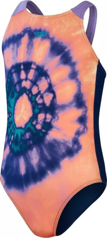 Kostum banje për vajza Speedo Pulseback, ECO EnduraBrite, dizajn tie dye, koral dhe blu
