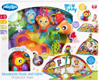 Dyshek loje Playgro Woodlands Music and Lights, projektor muzikor, lodra të varura, shumëngjyrësh