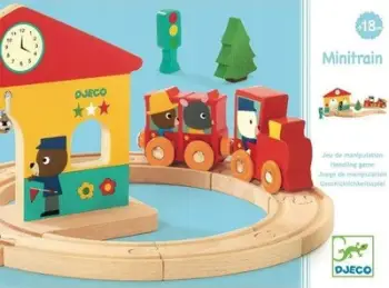 Lodër tren druri Djeco Minitrain, 14 pjesë, për 18+ muajsh, shumëngjyrëshe