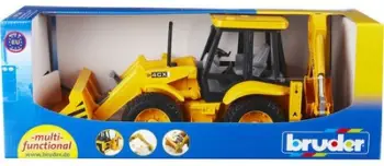 Lodër eskavator ngarkues Bruder JCB 4CX 02428, plastikë cilësore, pjesë lëvizëse, verdhë