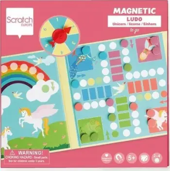 Loja magnetike Ludo Scratch Unicorns, me spinner, dizajn njëbrirësh, shumëngjyrëshe