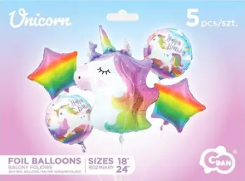 Set tullumbacesh folie Godan Unicorn, 5 copë, Happy Birthday, shumëngjyrëshe