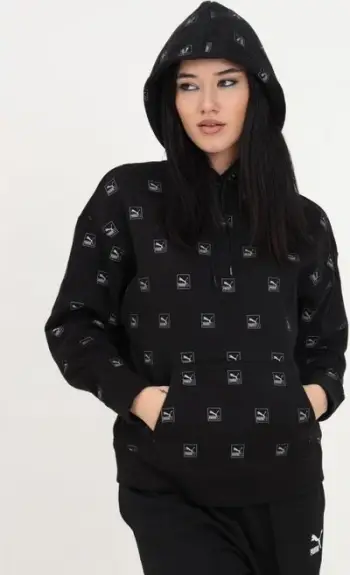 Bluzë me kapuç Puma Brand Love AOP Hoodie FL W, pambuk poliestër, për femra, e zezë