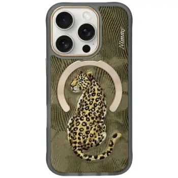 Kapak telefoni Nimmy Magnetic Fantasy Animal MagSafe për iPhone 16 Pro, me magnet MagSafe, dizajn leopard, ngjyrë ari