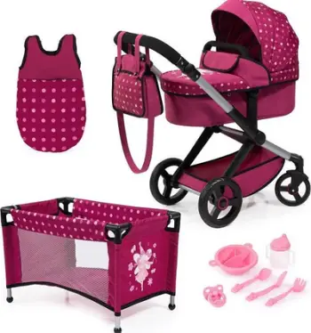 Set lodër karrocë kukullash Bayer Design Xeo Mega, 10 pjesë, për kukulla deri 46 cm, rozë me pika