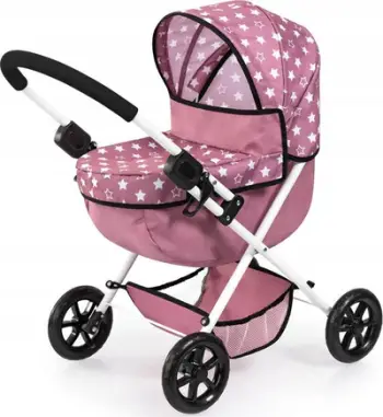 Set lodër për kukulla Bayer Design Cozy, 3 pjesë, për kukulla deri 46 cm, rozë me yje të bardhë