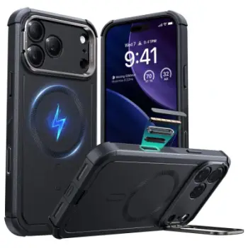 Mbrojtëse telefoni ESR Cyber Tough Magnetic, për iPhone 17 Pro Max, MagSafe, me Stash Stand, e zezë