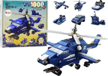 Lodër konstruktimi Leantoys 6in1 Helicopter Police, 1000 copa, shumëngjyrëshe