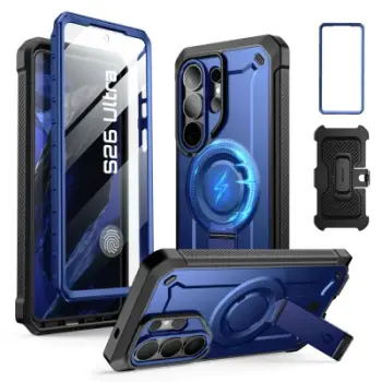 Mbulesë telefoni SUPCASE Samsung Galaxy S26 Ultra, me qëndrim, ekranmbrojtës i integruar, blu metalike