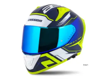 Helmeta integrale Cassida Aero Drome 2026, vizor dielli, ECE 22.06, blu e verdhë fluo