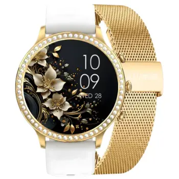 Smartwatch për femra Gravity GT5-2, ekran IPS me prekje, rrip i artë dhe i bardhë
