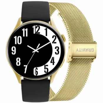 Smartwatch Gravity GT11-1 për gra, ekran 1.43" AMOLED, Bluetooth 5.2, ari me rrip i zi