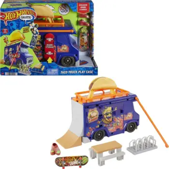 Set lojërash Hot Wheels Skate Taco Truck, kamion rampë 49.8 cm, me fingerboard dhe këpucë skate