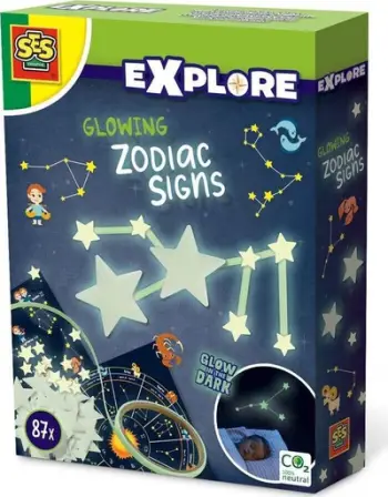 Set kreativ SES Creative 25122 Glowing Zodiac Signs, ngjitëse fosforeshente, shenja zodiaku, shumëngjyrëshe