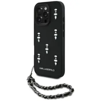 Mbulesë telefoni Karl Lagerfeld Saffiano Crystals, për iPhone 16 Pro, me zinxhir, e zezë