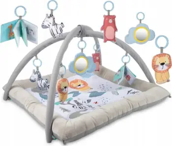 Tapet loje për bebe Canpol Plush Educational Mat Safari, me harqe dhe lodra varëse, gri shumengjyrësh