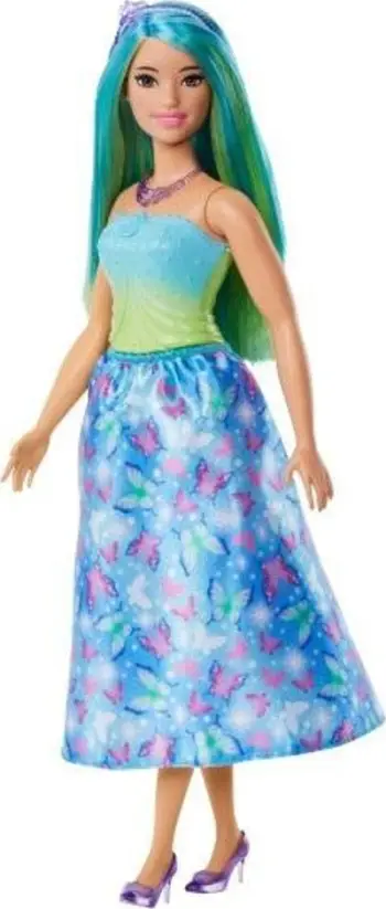 Kukull Barbie Dreamtopia Princess, flokë blu jeshile, fustan princeshe shumëngjyrësh, shumëngjyrëshe
