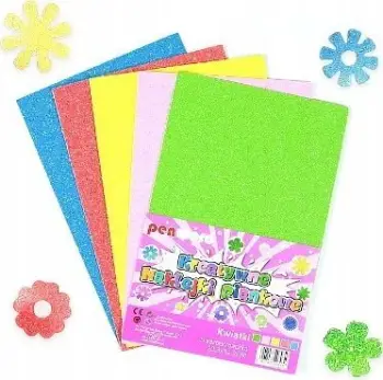 Stikera dekorativë Glitter Foam, 5 ngjyra, forma lule, shumëngjyrëshe