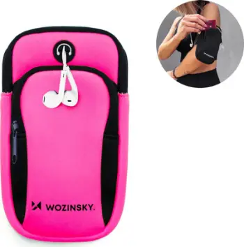 Mbajtëse krahu për telefon Wozinsky Armband, rrip i rregullueshëm, dalje për kufje, rozë