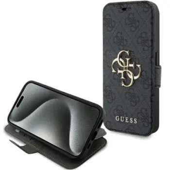 Këllëf telefoni Guess 4G Metal Logo për iPhone 15 Pro 6.1", portofol, gri