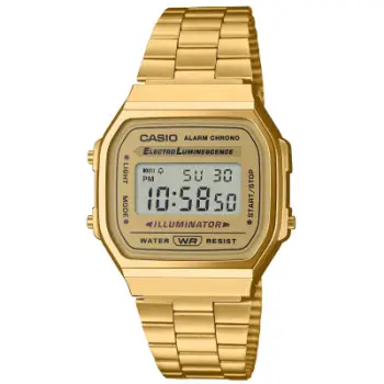 Orë dore Casio Vintage A168WG-9EF, kronometër, rezistente ndaj ujit 30m, metalike e artë
