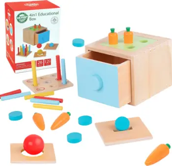 Lodër druri Montessori Woopie Green 4in1, sorter edukativ, me sirtar, shumëngjyrëshe