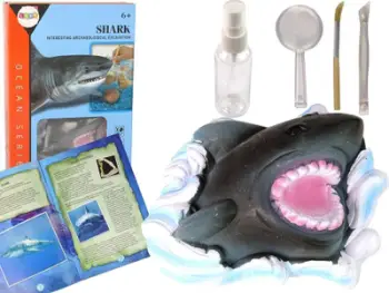 Set edukativ gërmimi Ammonite Shark Excavation, fosil peshkaqeni, me mjete dhe lupë, shumëngjyrësh
