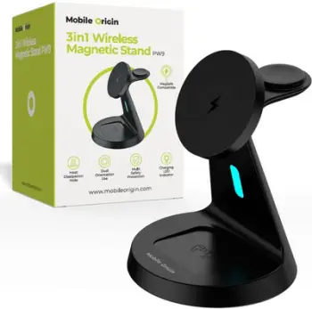 Karikues wireless 3n1 Mobile Origin PW9, me sustë magnetike MagSafe, për iPhone Apple Watch dhe kufje, i zi