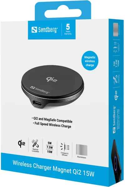 Karikues pa tela Sandberg Wireless Charger Magnet Qi2, 15W, magnetik, gri - 3