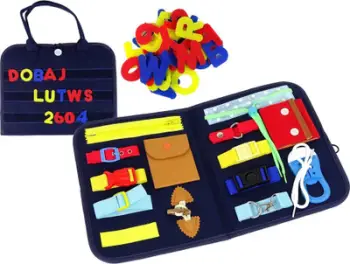 Lodër sensoriale valixhe për fëmijë, material felt, me puzzle manipulimi, shumëngjyrëshe